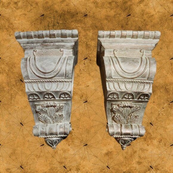 Drapery Curtain Sconces Corbels Scarf Swags(2)Cream Base/Gold Patina Solid Resin - Picture 1 of 14
